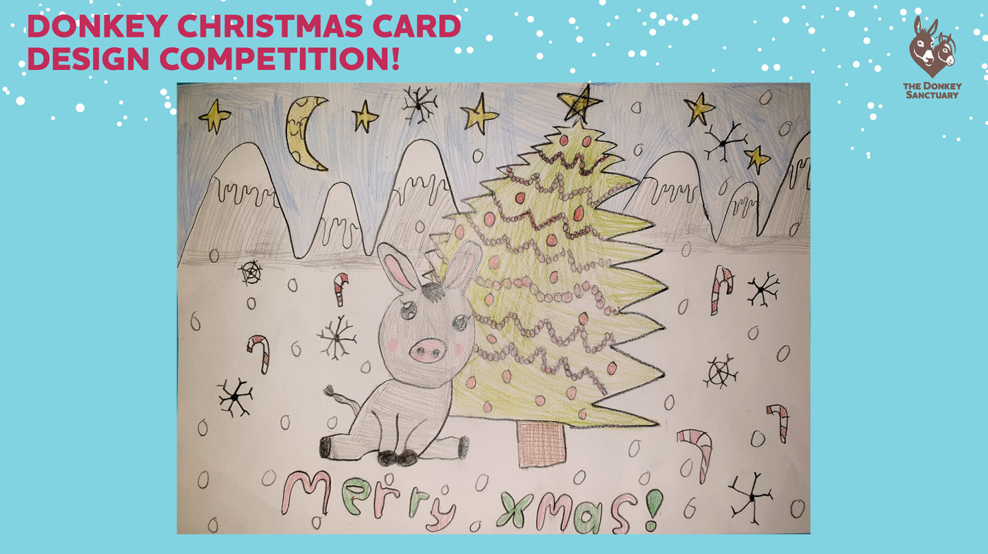 Evie's highly commended Christmas card entry, showing a donkey beside a Christmas tree against a background of snowy mountains.